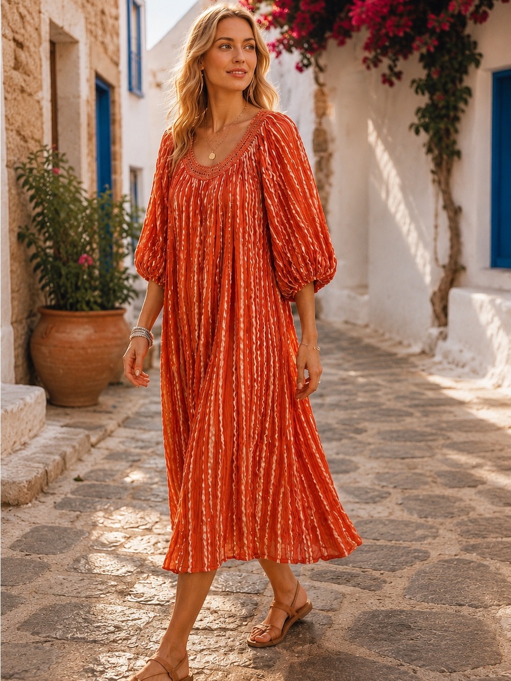 Made in Greece One Size Gauze Dress Burnt Orange Metallic Boho